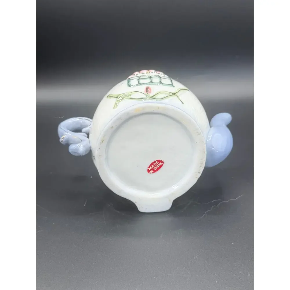 Vintage Cottage House Ceramic Teapot Blue Floral Raised Design 7 Inch